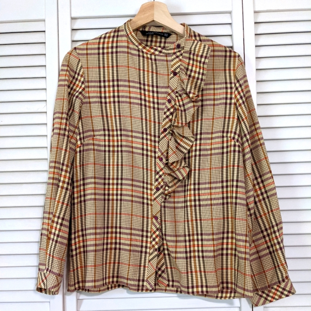 Zara Woman Plaid Gingham Pattern Blouse Size XS